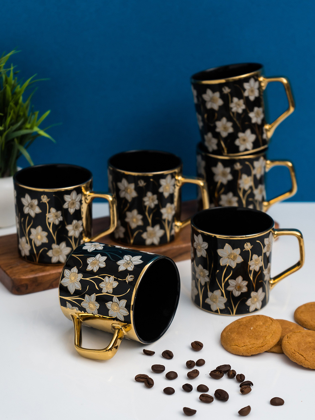 

CLAY CRAFT White & Black 6 Pieces Floral Printed Ceramic Tea Cups 200ml