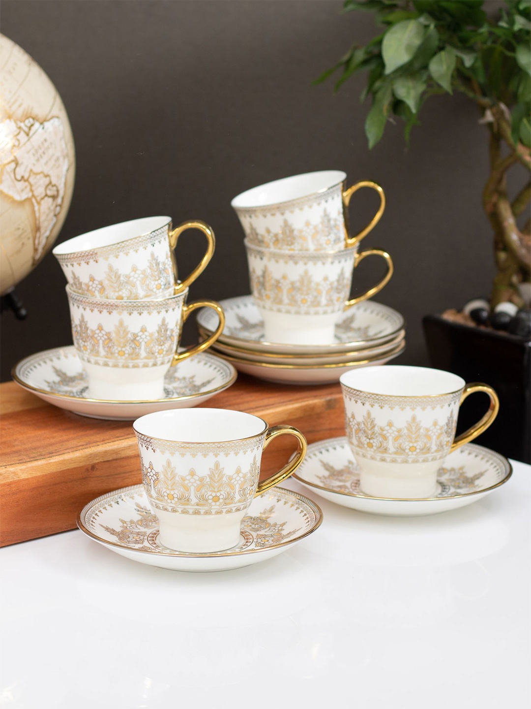 

CLAY CRAFT Gold Toned White 12 Pieces Floral Printed Ceramic Glossy Cups & Saucers 180 ML