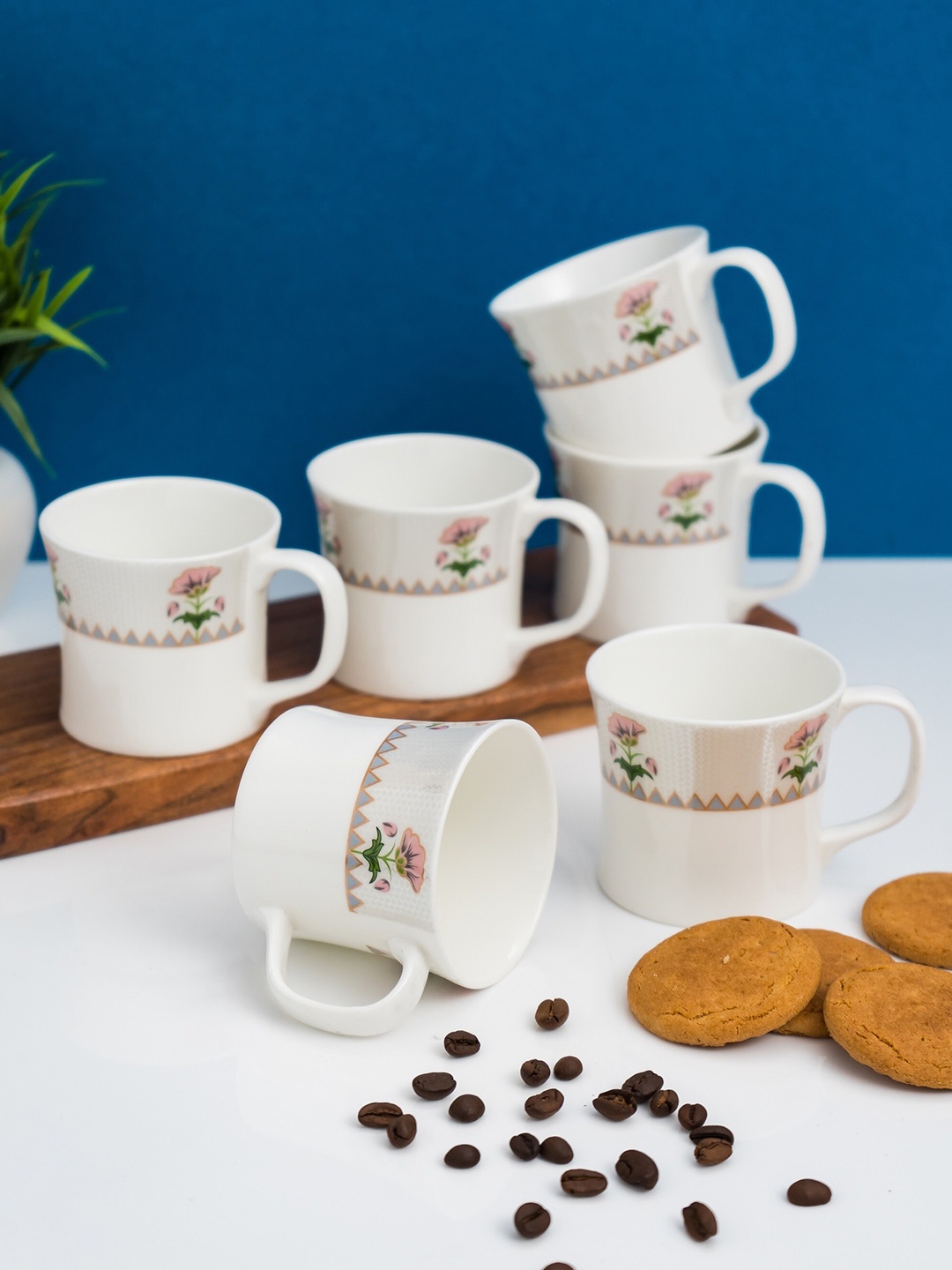 

CLAY CRAFT White & Pink Floral Printed Ceramic Glossy Cups 200 ML Each