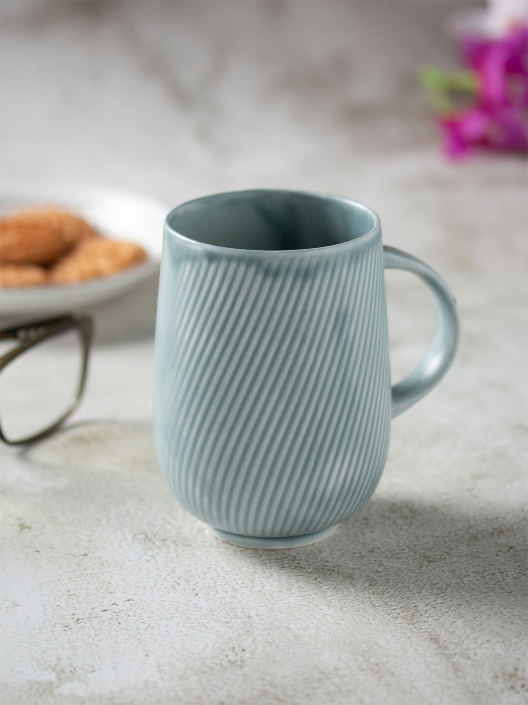 

CLAY CRAFT Blue 2Pcs Textured Ceramic Glossy Mugs Set Of Cups & Mugs 350Ml Each