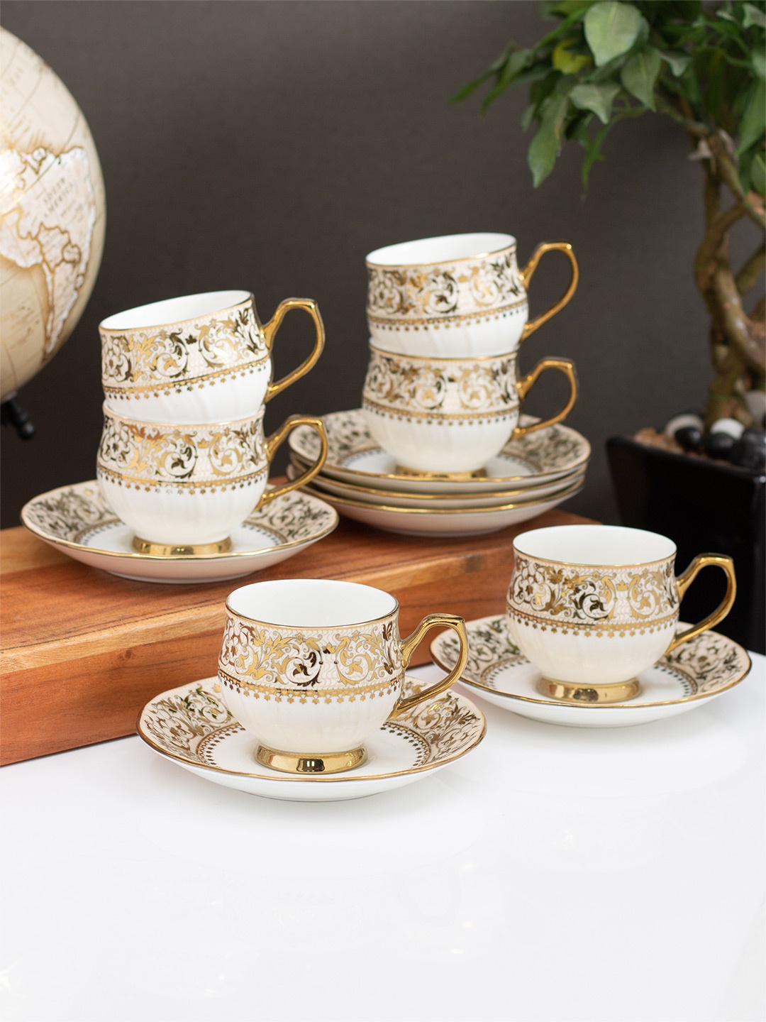 

CLAY CRAFT White & Brown12Pcs Printed Ceramic Glossy Cups & Saucers Set Of Cups & Mugs