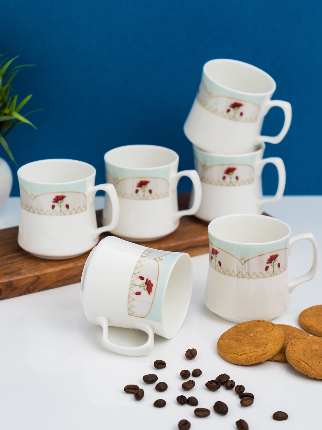 

CLAY CRAFT White & Red 6Pcs Floral Printed Ceramic Glossy Cups Set Of Cups & Mugs 200Ml