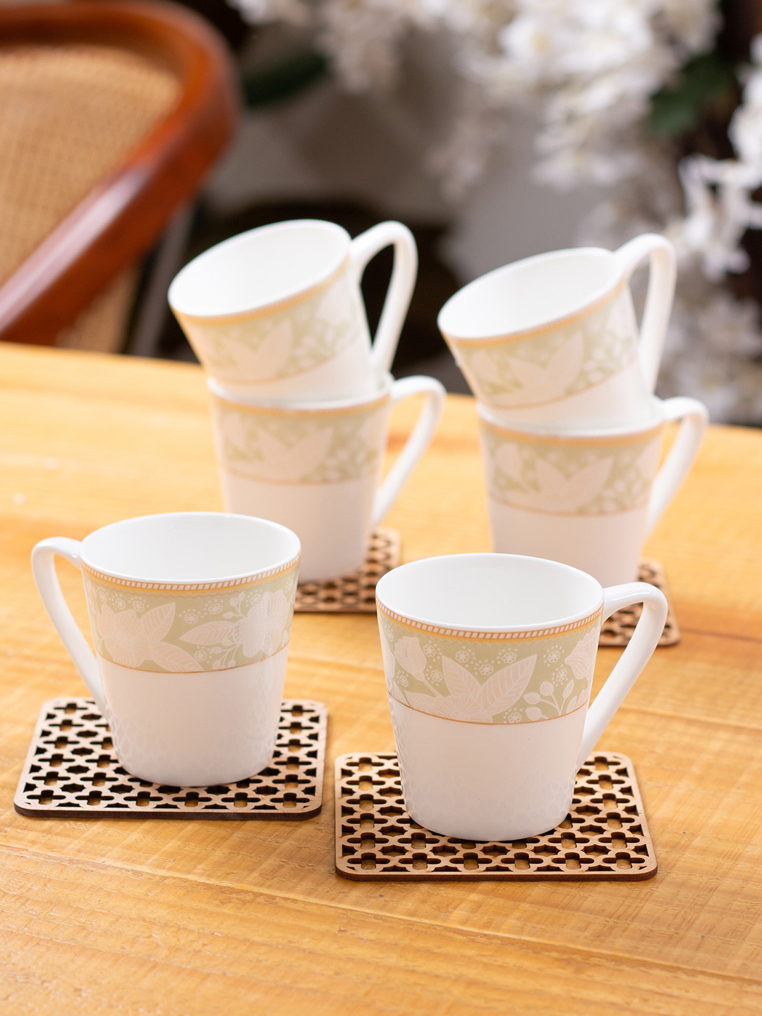 

CLAY CRAFT White & Green 6Pcs Printed Ceramic Glossy Cups Set Of Cups & Mugs 200Ml Each