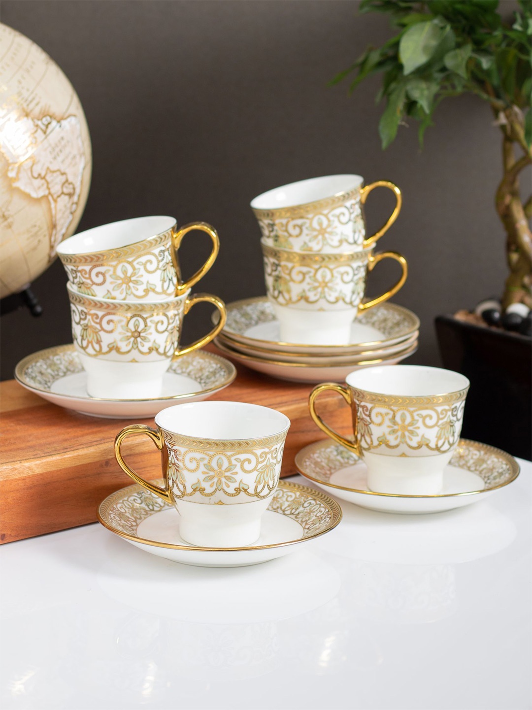 

CLAY CRAFT White & Beige12 Pieces Printed Ceramic Glossy Cups & Saucers 180 ml