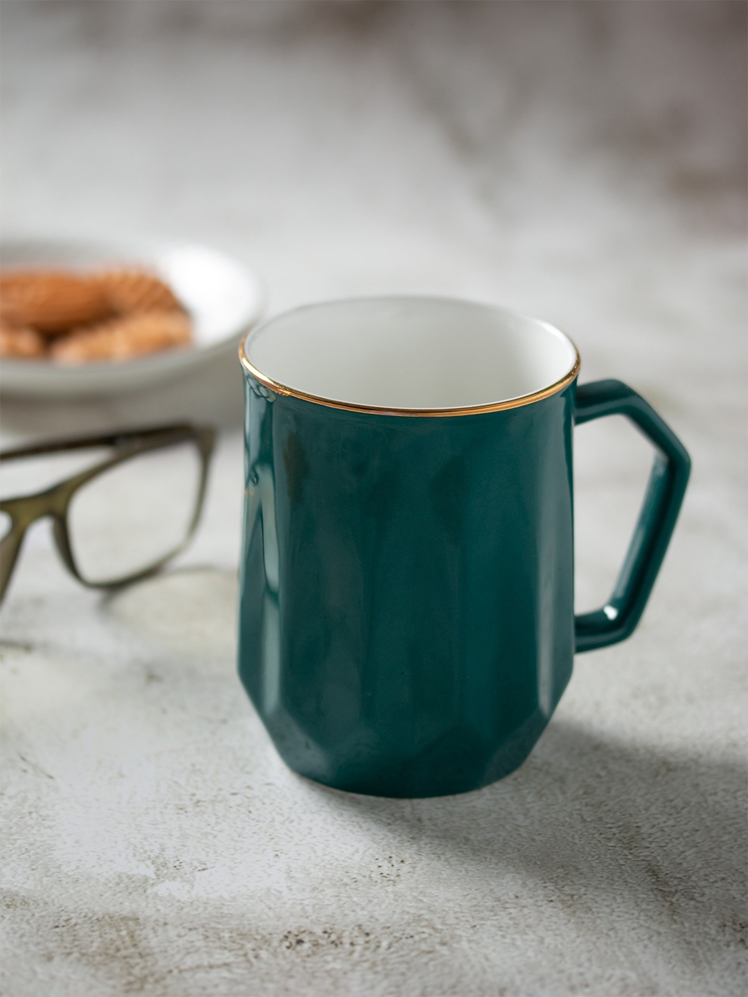 

CLAY CRAFT White & Green 2Pcs Ceramic Glossy Mugs Set Of Cups & Mugs 350Ml Each
