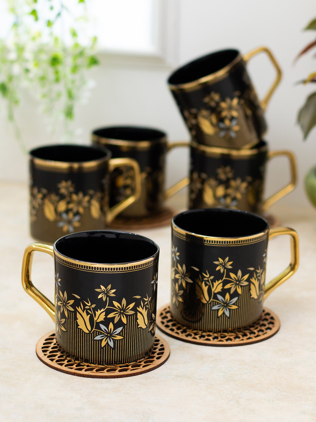 

CLAY CRAFT Black & Gold Toned 6 Pieces Floral Printed Ceramic Tea Cups 200ml