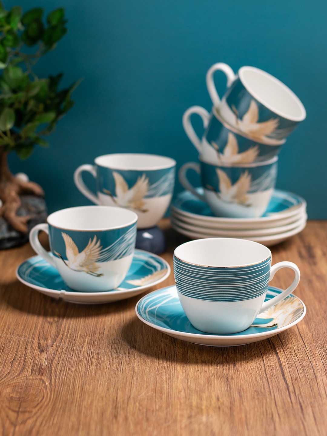

CLAY CRAFT White & Teal 12Pcs Printed Ceramic Glossy Cups & Saucers Set Of Cups & Mugs