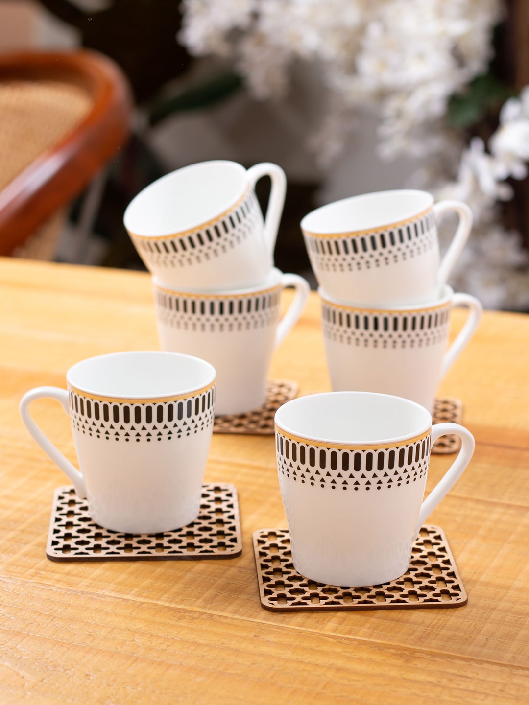 

CLAY CRAFT White & Black 6 Pieces Geometric Printed Ceramic Glossy Cups and Mugs 200 ml