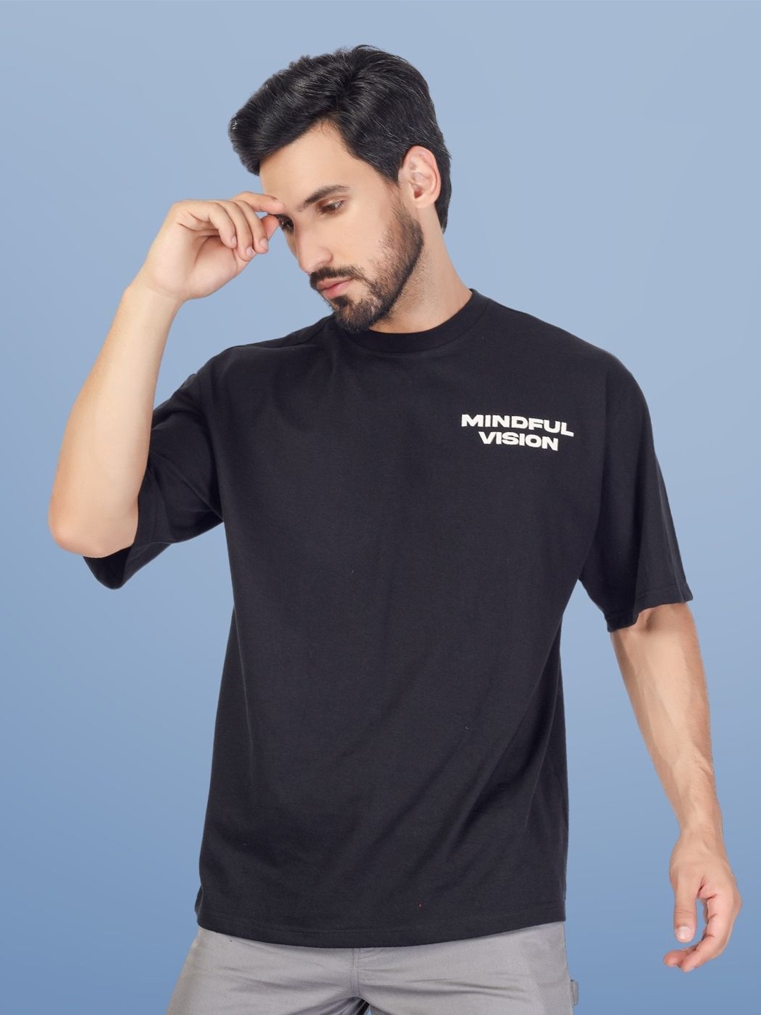 

WEARDUDS Graphic Printed Drop-Shoulder Sleeves Oversized Pure Cotton T-shirt, Black