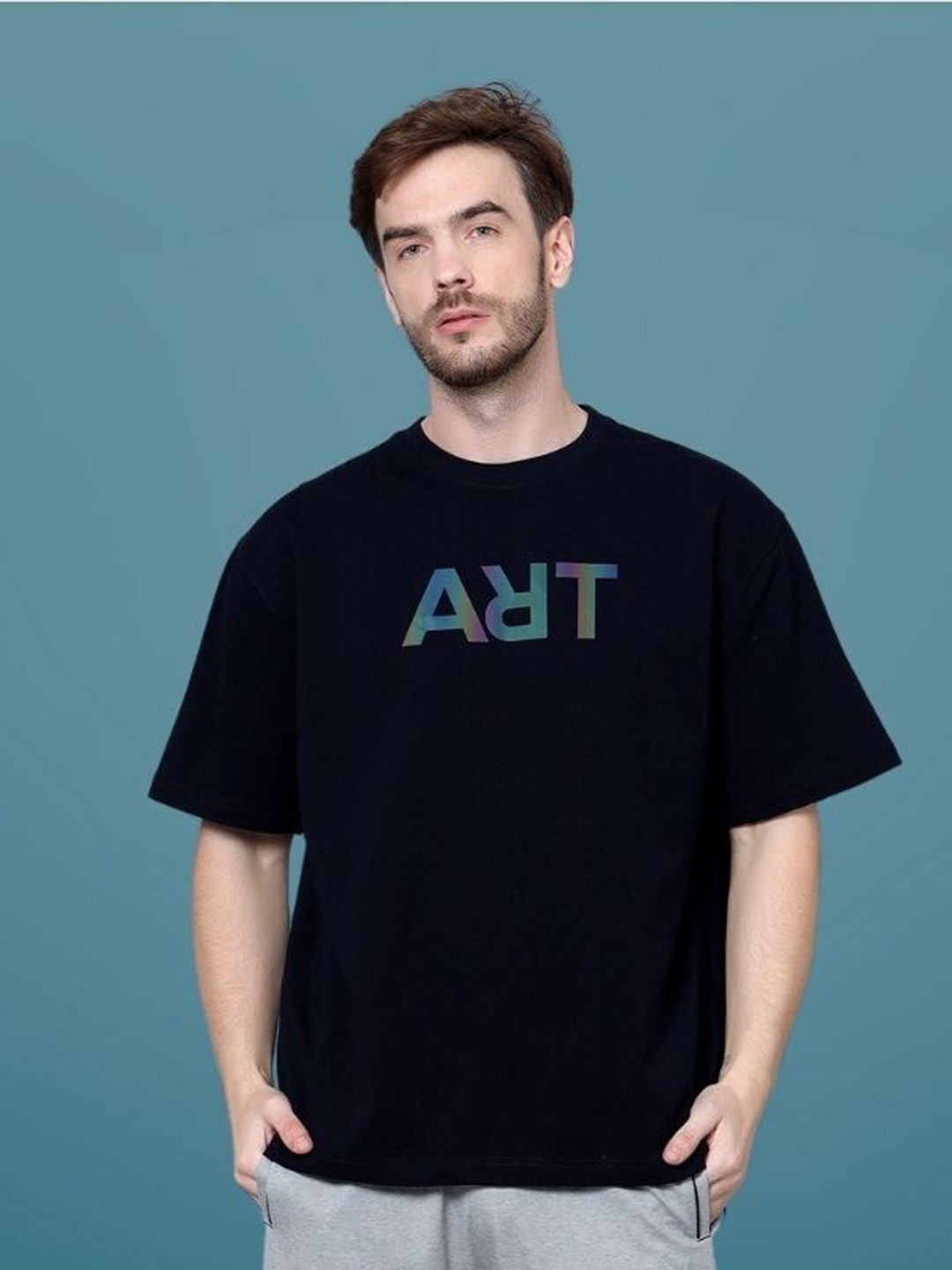 

WEARDUDS Typography Printed Drop-Shoulder Sleeves Oversized Pure Cotton T-shirt, Black