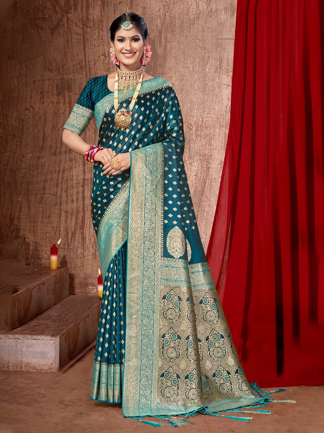 

SANGAM PRINTS Woven Design Zari Banarasi Saree, Sea green