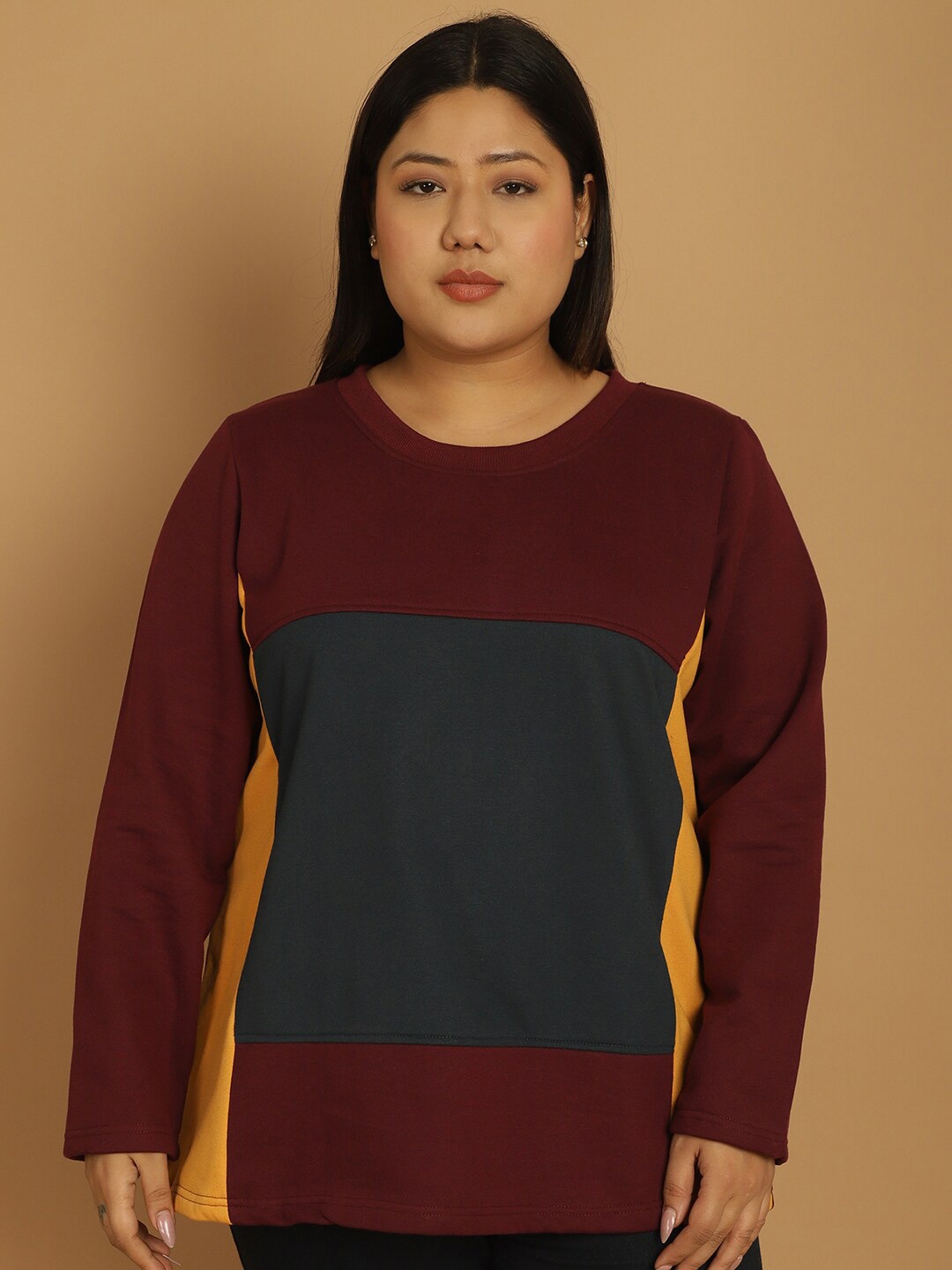 

theRebelinme Plus Size Colourblocked Round Neck Pullover Sweatshirt, Maroon