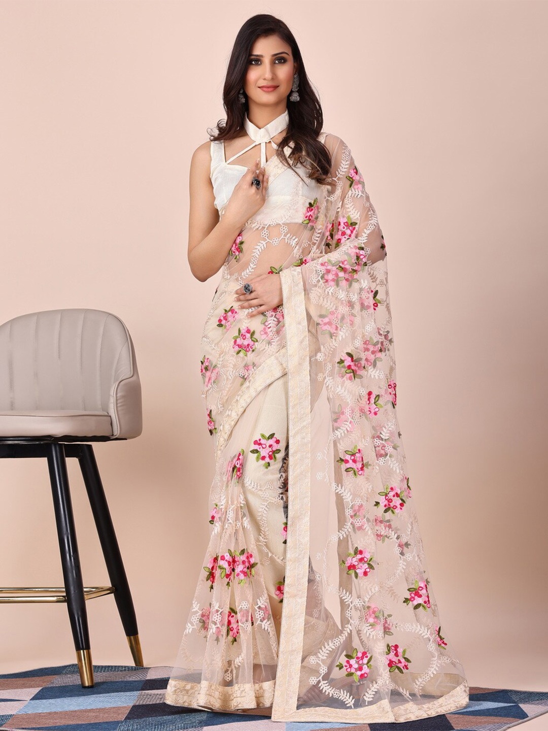

HERE&NOW Floral Embroidered Net Saree, Cream