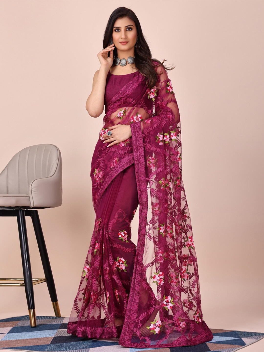 

HERE&NOW Floral Embroidered Net Saree, Purple