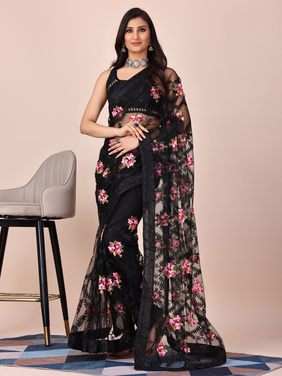 

HERE&NOW Floral Embroidered Net Saree, Black