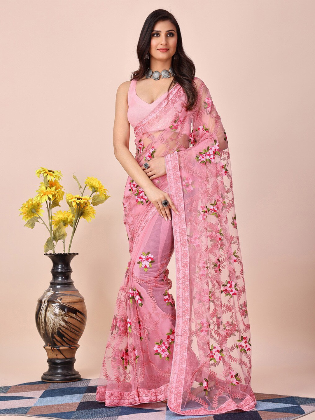 

HERE&NOW Floral Embroidered Net Saree, Peach