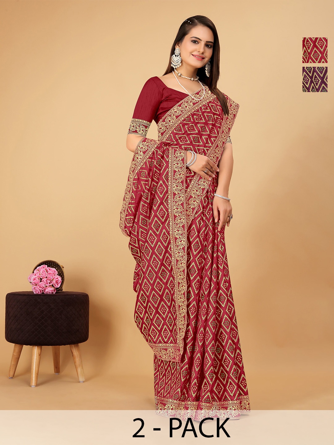 

CastilloFab Selection Of 2 Ethnic Motifs Woven Design Zari Sarees, Maroon