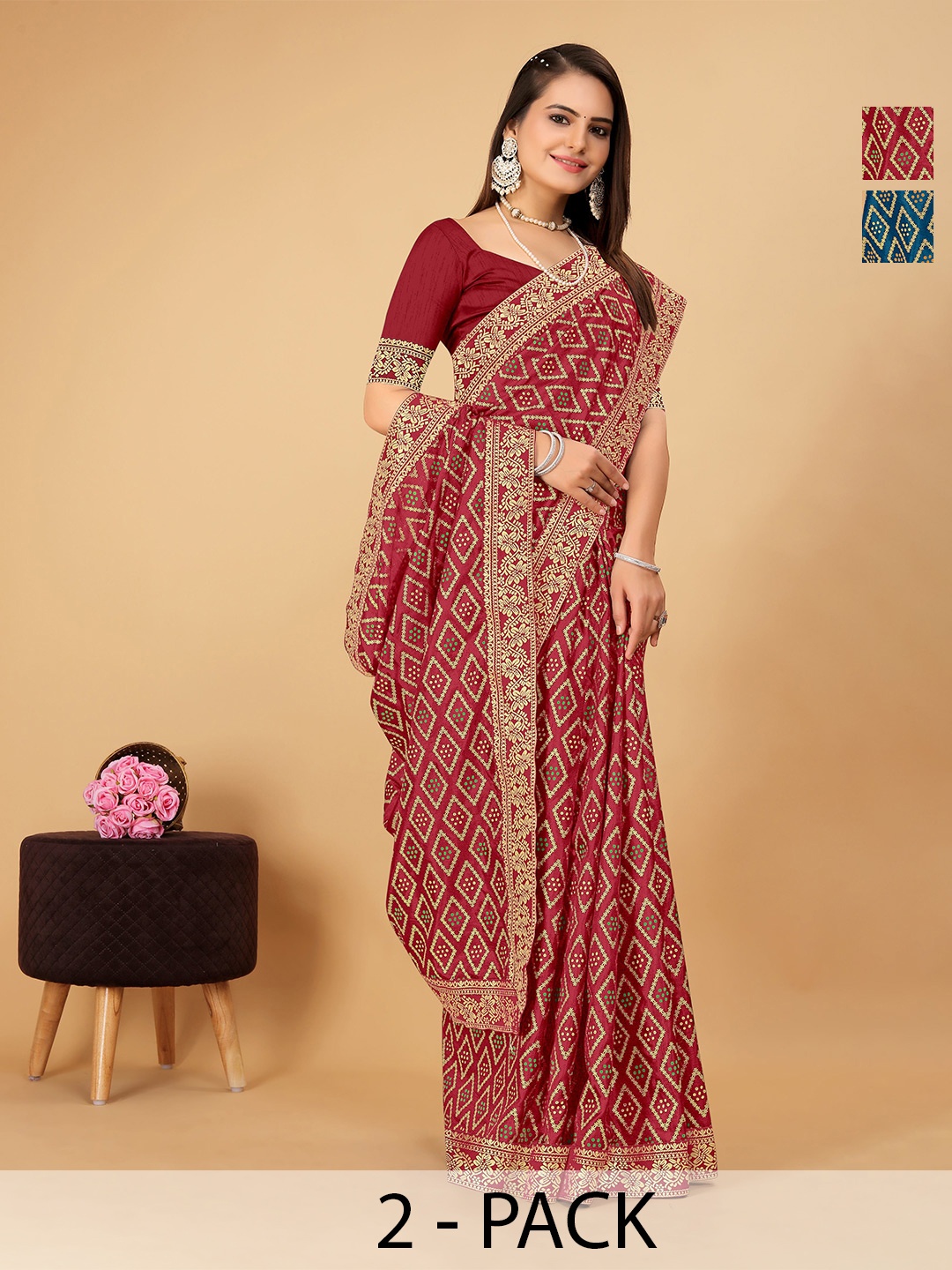 

CastilloFab Selection Of 2 Embellished Printed Zari Saree, Maroon