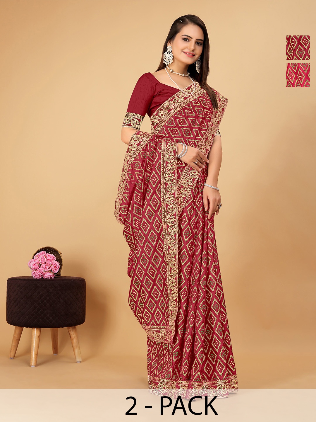 

CastilloFab Selection Of 2 Bandhani Woven Design Zari Saree, Maroon