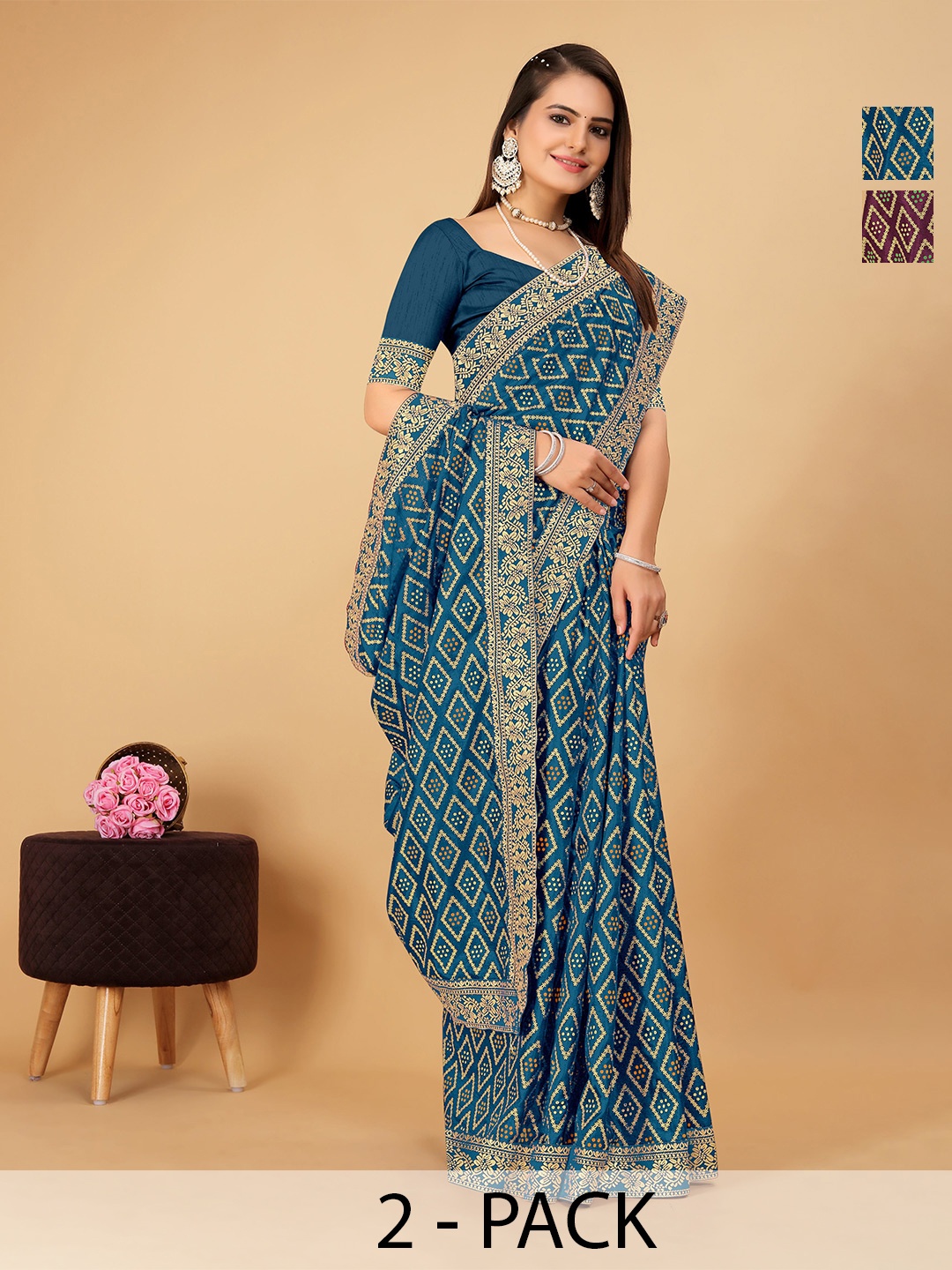 

CastilloFab Selection Of 2 Floral Printed Zari Saree, Teal