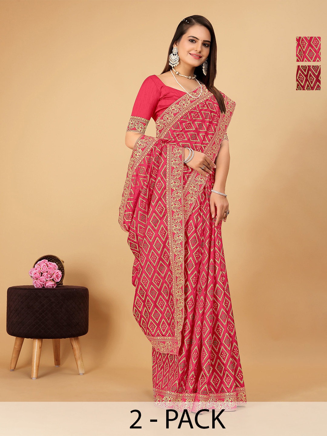 

CastilloFab Selection Of 2 Ethnic Motifs Printed Zari Saree, Rose