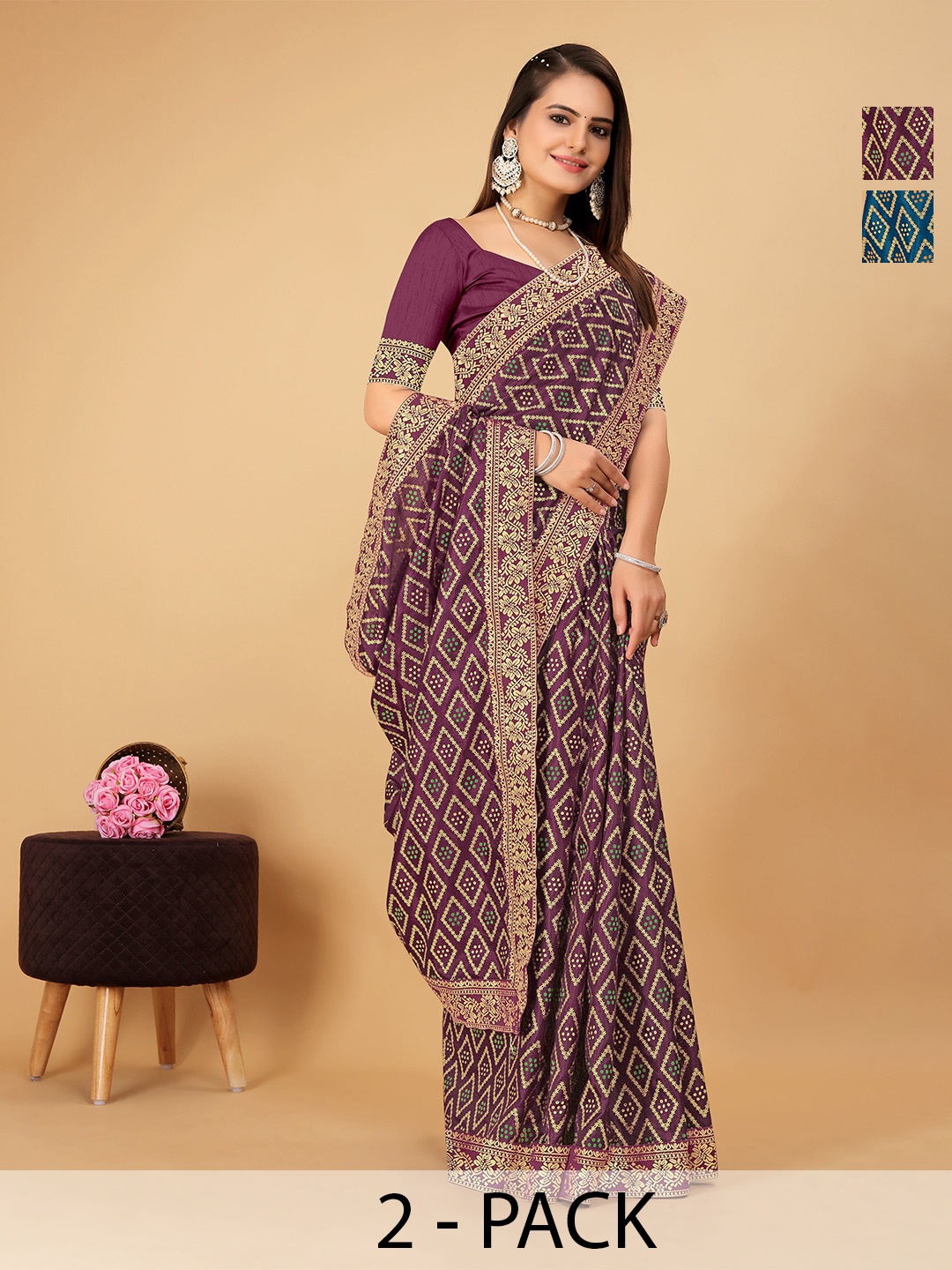 

CastilloFab Selection Of 2 Bandhani Woven Design Zari Saree, Burgundy