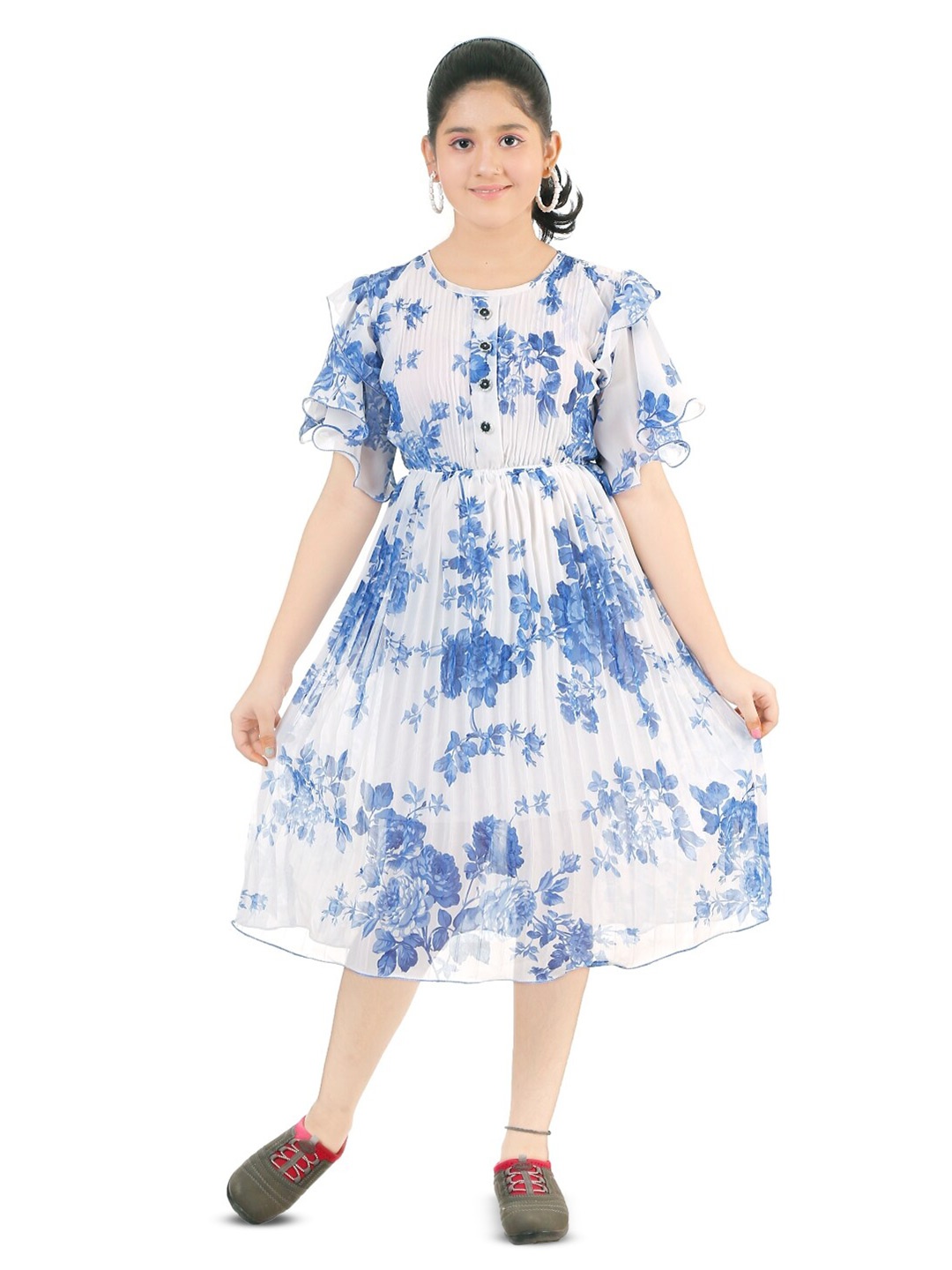 

BAESD Girls Floral Print Round Neck Flutter Sleeve Accordion Pleats Fit & Flare Dress, Blue