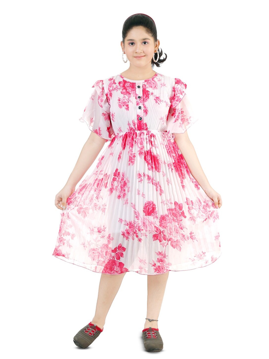

BAESD Girls Floral Print Round Neck Flutter Sleeve Accordion Pleats Fit & Flare Dress, Pink
