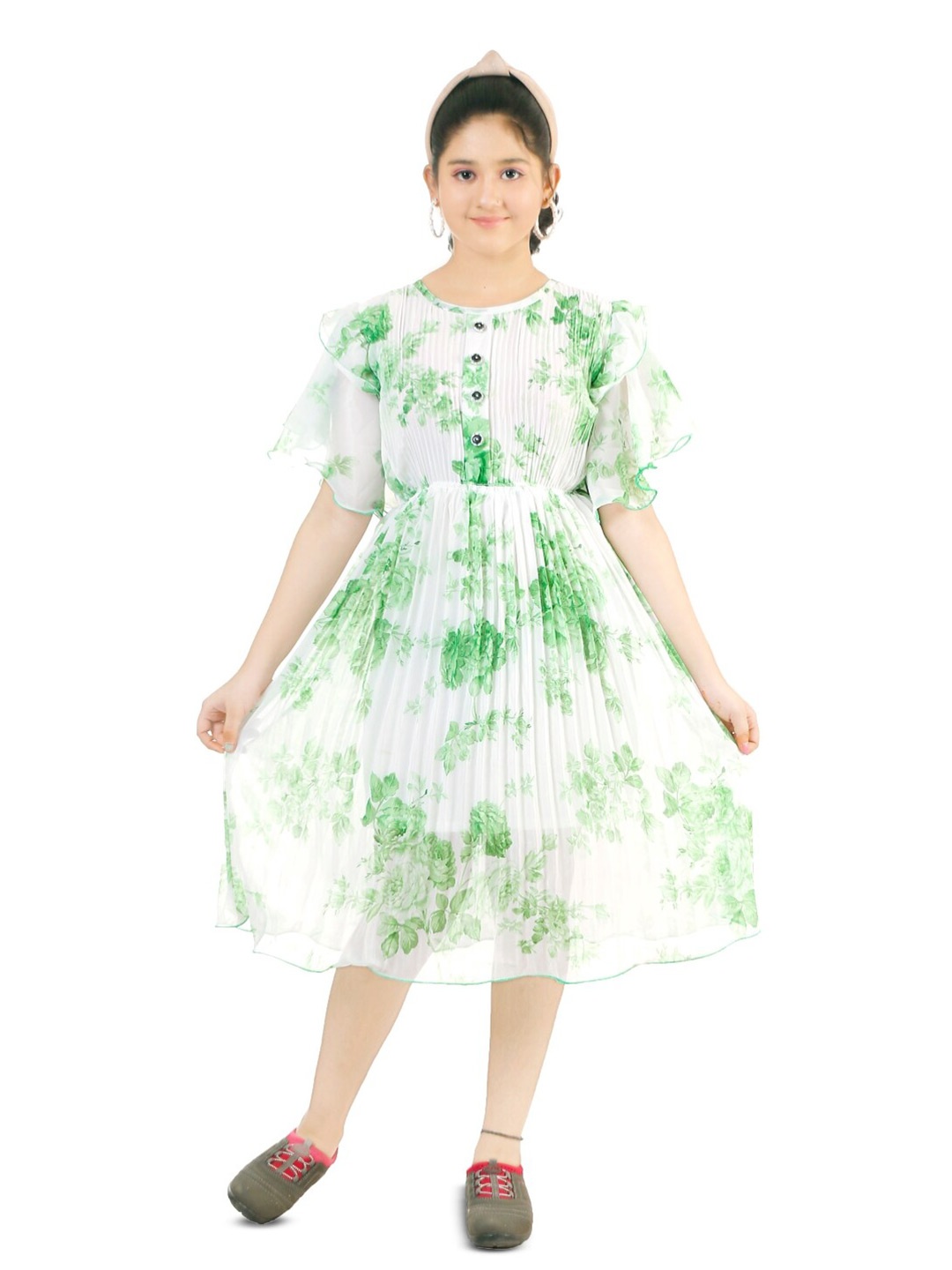 

BAESD Girls Floral Print Round Neck Flutter Sleeve Accordion Pleats Fit & Flare Dress, Green