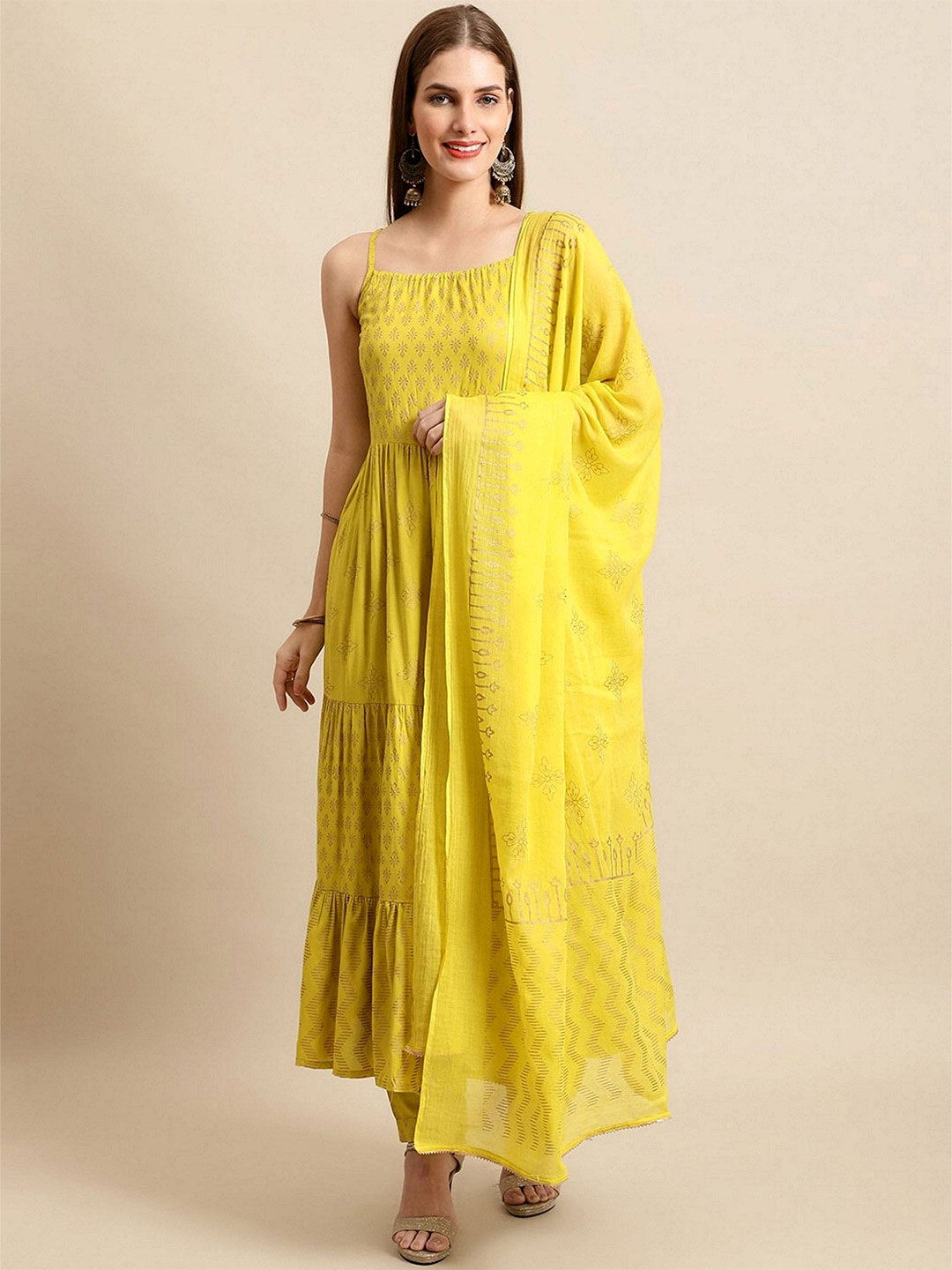 

BAESD Floral Printed Shoulder Straps Tiered Anarkali Kurta with Trousers Dupatta, Yellow
