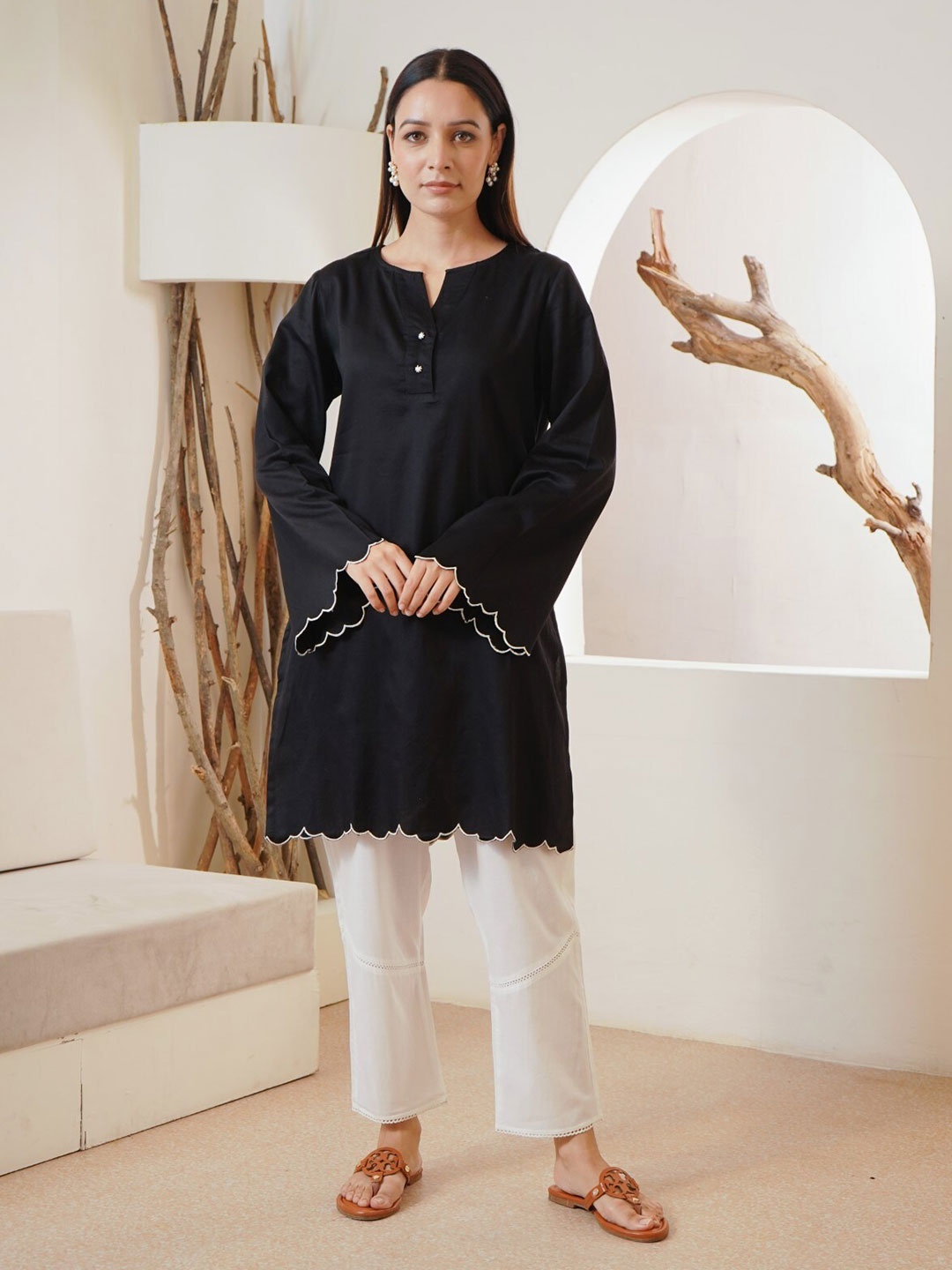 

NERO Self Designed Pure Cotton Round Neck Top With Flared Trouser Co-Ords, Black