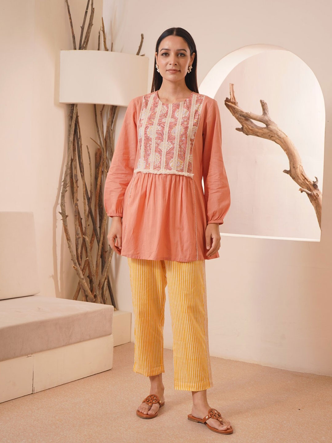 

NERO Printed Pure Cotton Tunic With Trousers, Pink