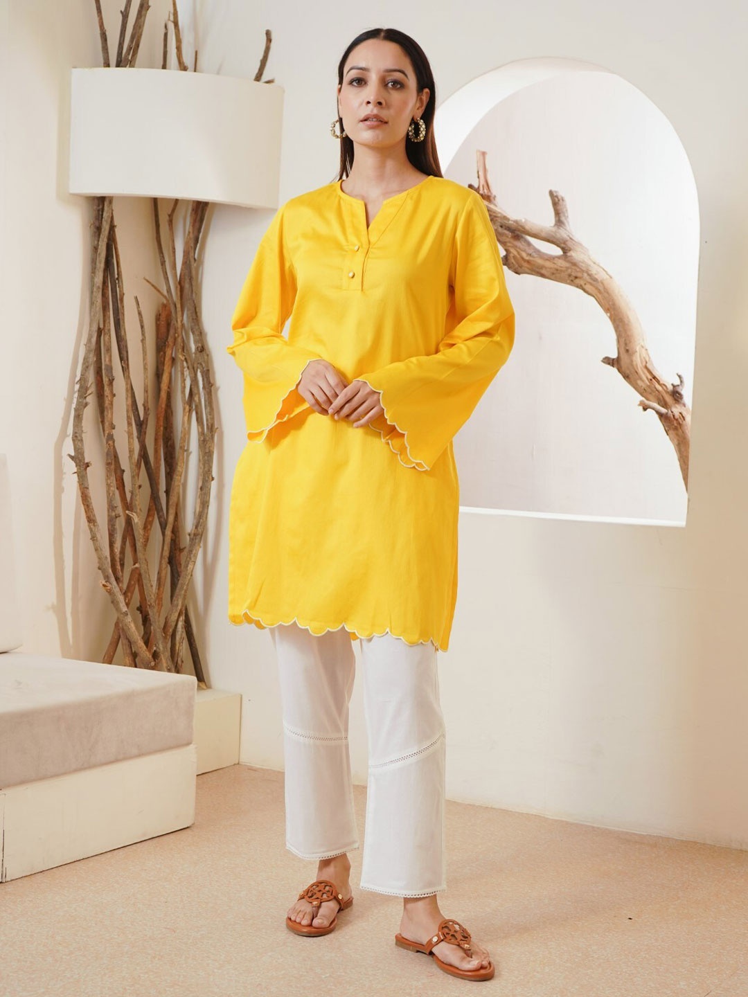 

NERO Pure Cotton Notch Neck Tunic With Trousers Co-Ords, Yellow