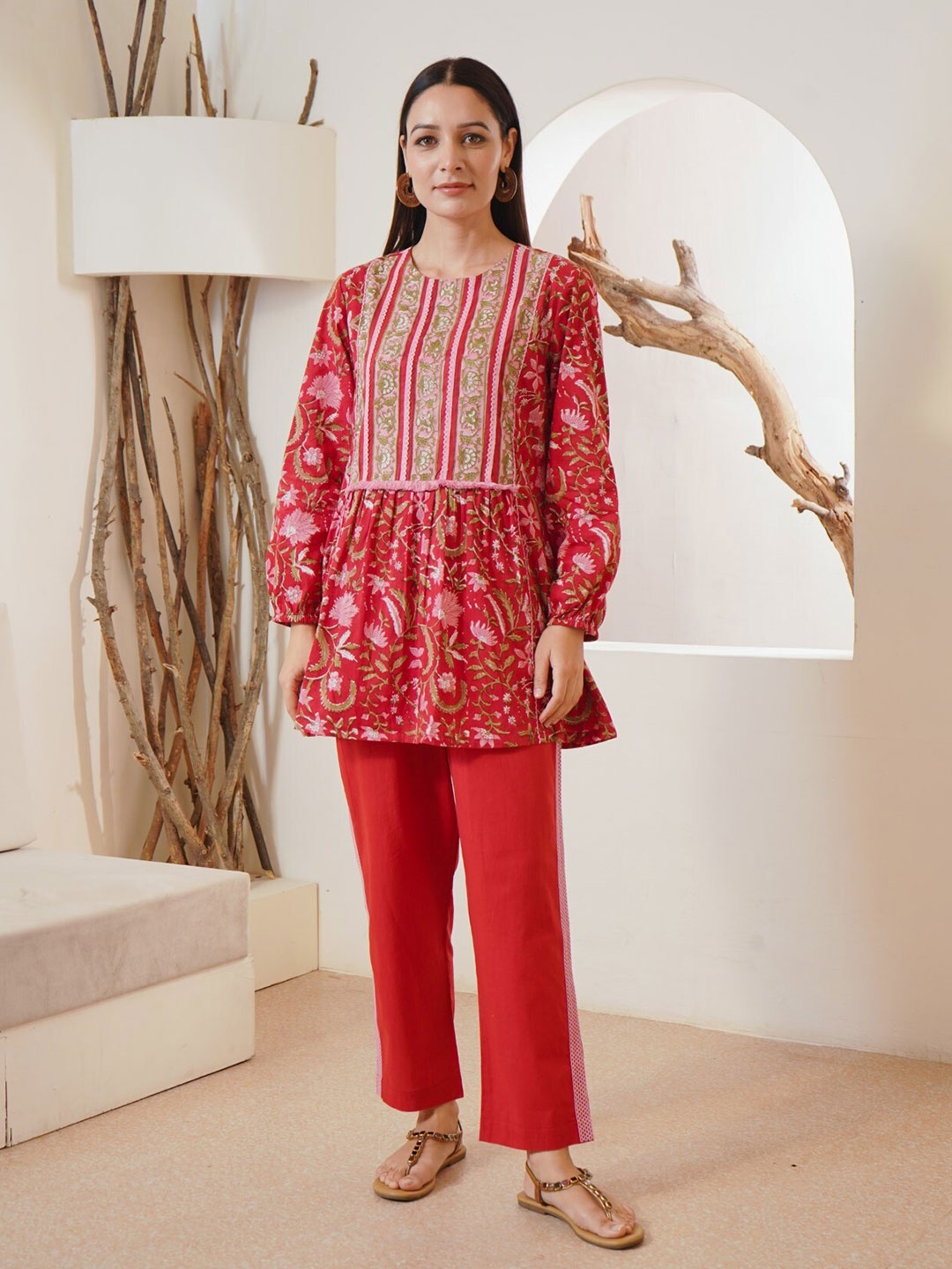 

NERO Printed Pure Cotton Top With Trousers Co-Ords, Red