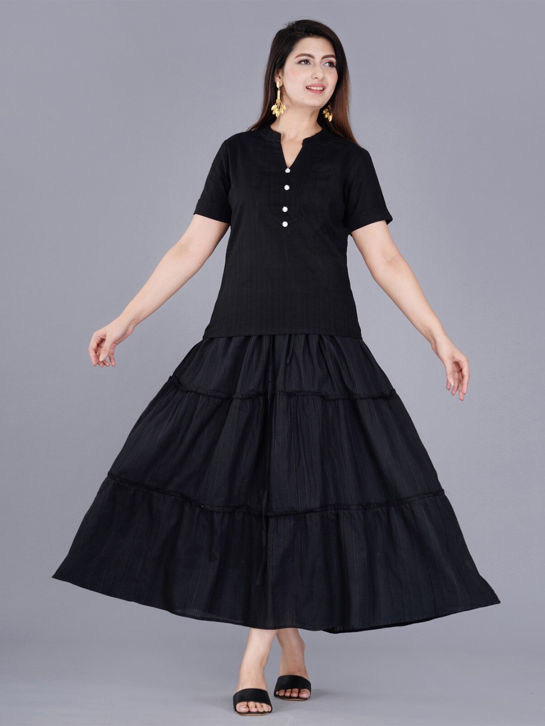 

BAESD Mandarin Collar Pure Cotton Top & Skirt, Black