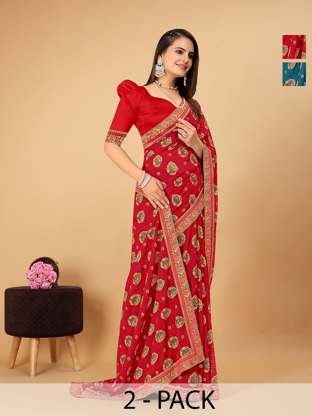 

CastilloFab Woven Design Ethnic Motifs Printed Zari Saree, Red