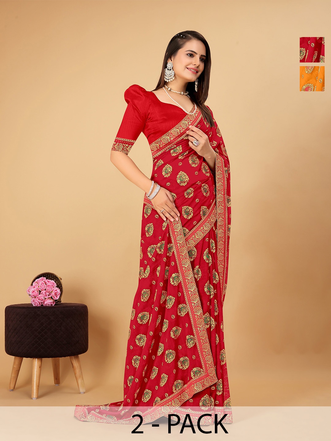 

CastilloFab Woven Design Ethnic Motifs Printed Zari Saree, Red