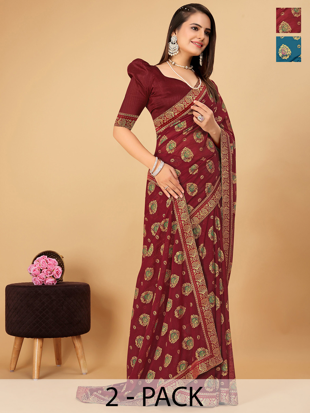 

CastilloFab Selection Of 2 Ethnic Motifs Zari Pure Chiffon Saree, Maroon