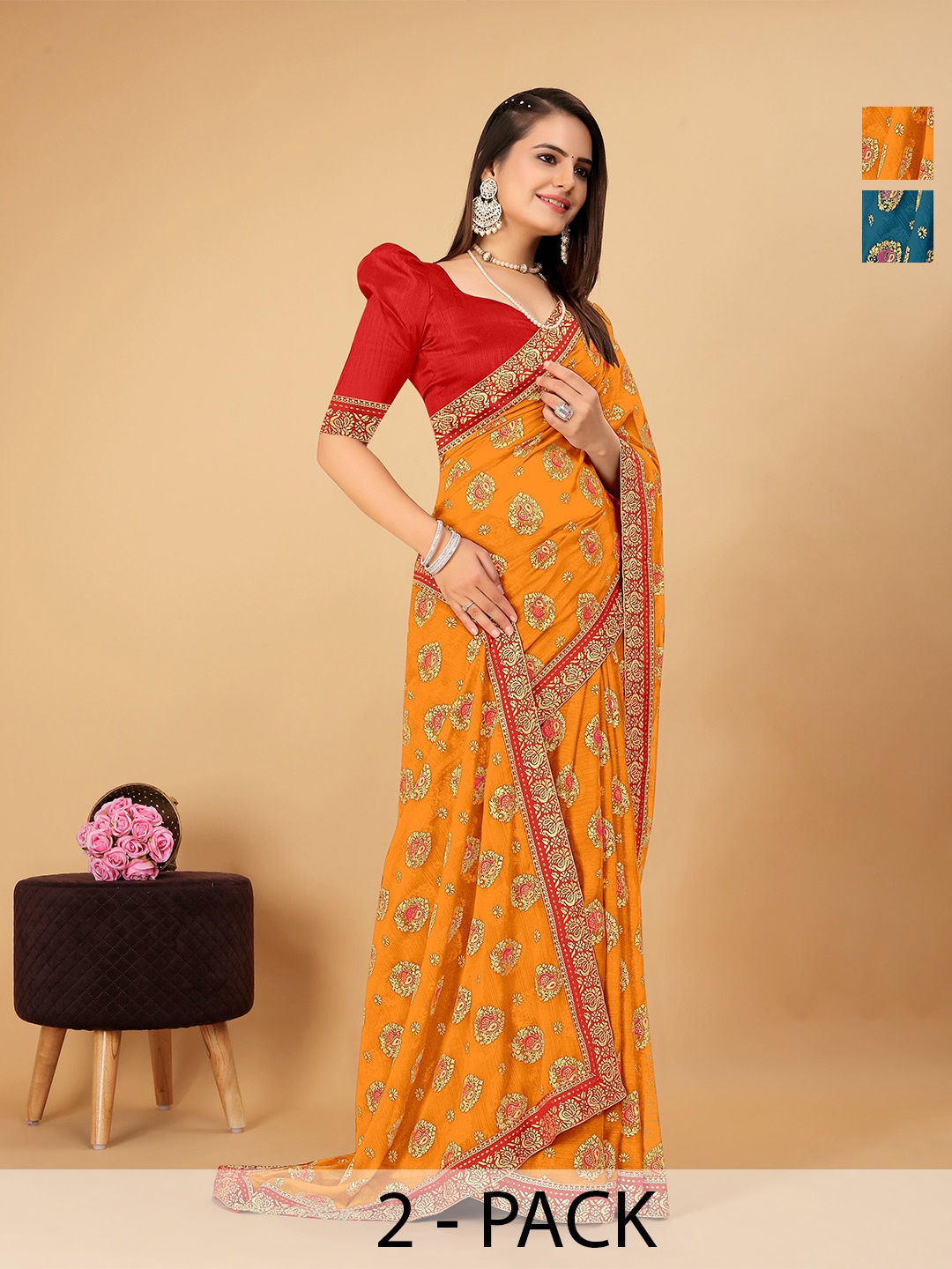 

CastilloFab Selection Of 2 Ethnic Motifs Zari Pure Chiffon Saree, Mustard