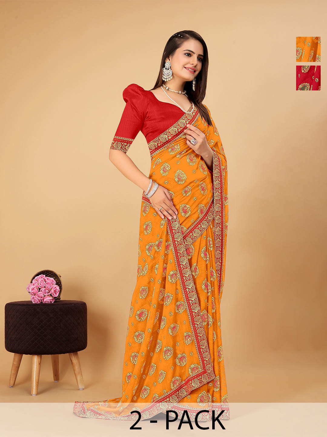 

CastilloFab Selection Of 2 Ethnic Motifs Zari Pure Chiffon Saree, Mustard