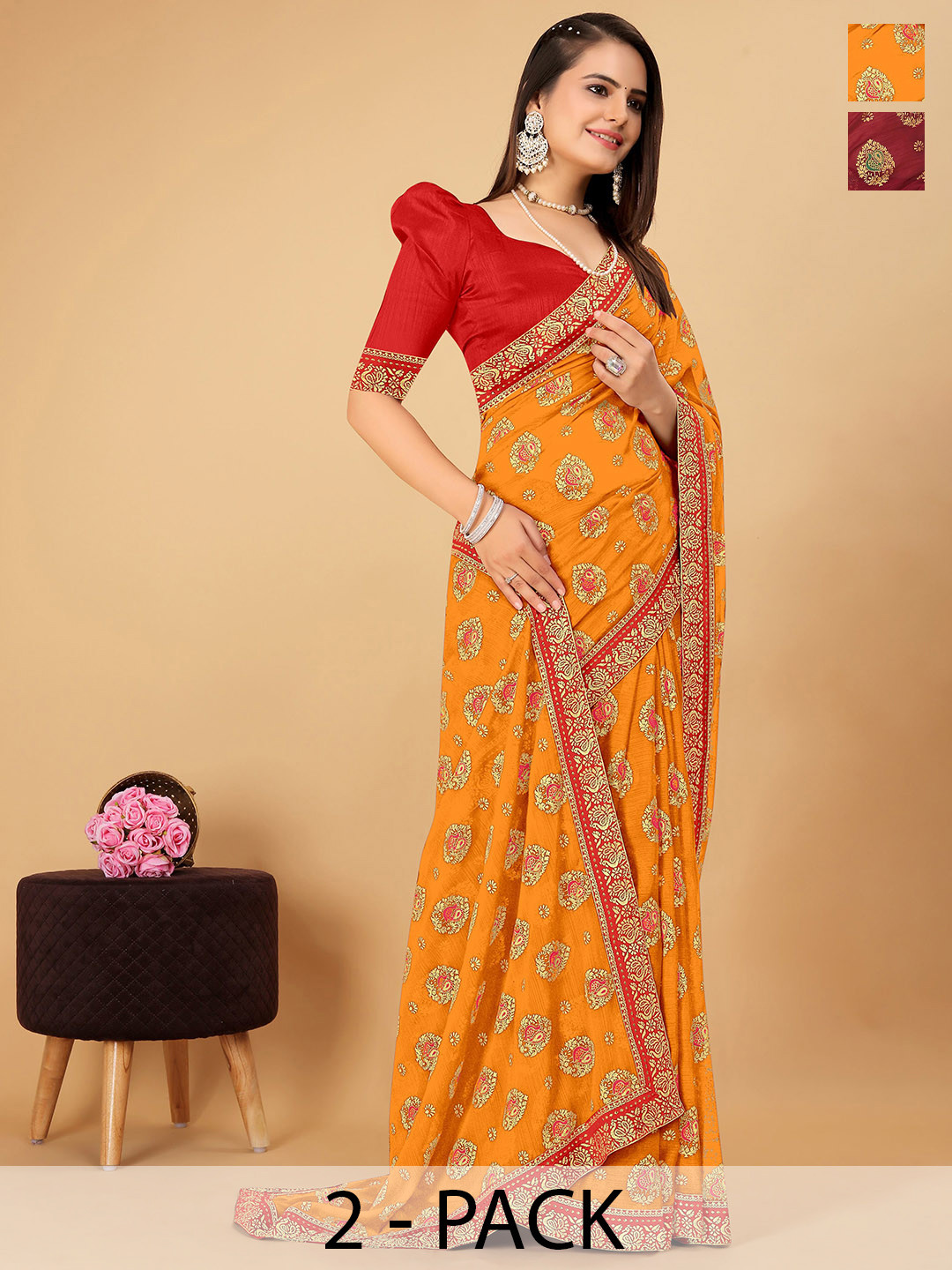 

CastilloFab Selection Of 2 Ethnic Motifs Zari Pure Chiffon Saree, Maroon