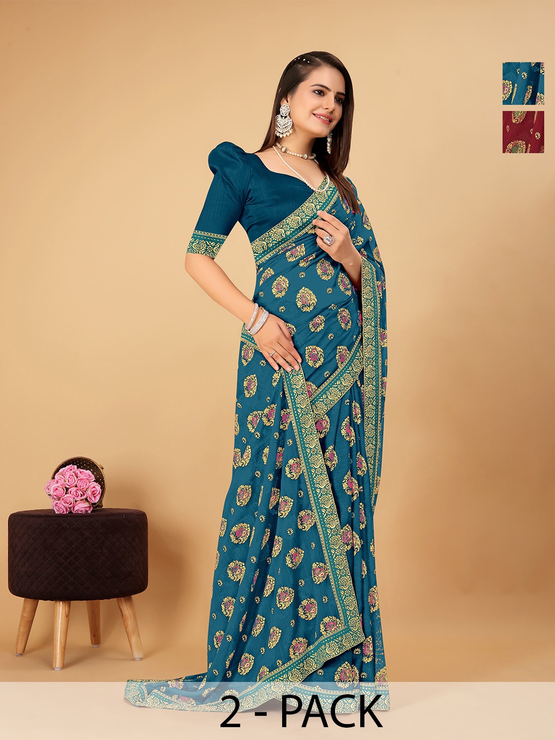 

CastilloFab Selection Of 2 Ethnic Motifs Zari Pure Chiffon Saree, Teal