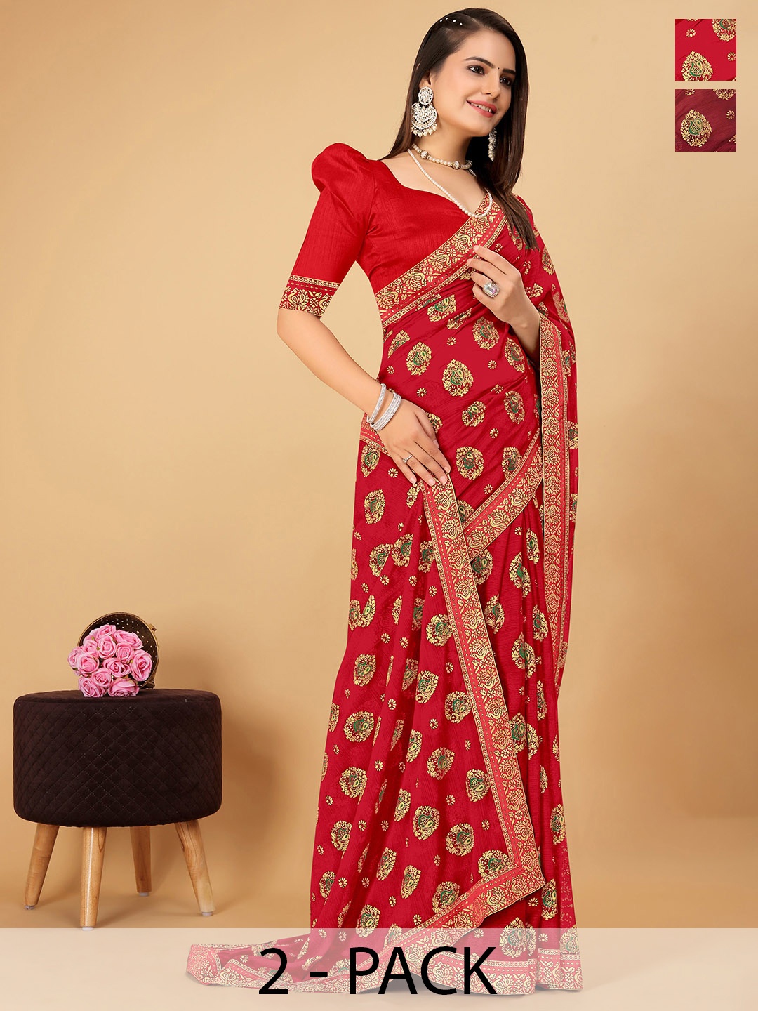 

CastilloFab Selection Of 2 Ethnic Motifs Zari Pure Chiffon Saree, Red