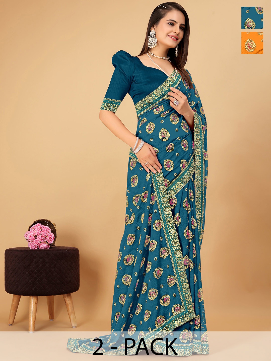 

CastilloFab Selection Of 2 Ethnic Motifs Zari Pure Chiffon Saree, Teal