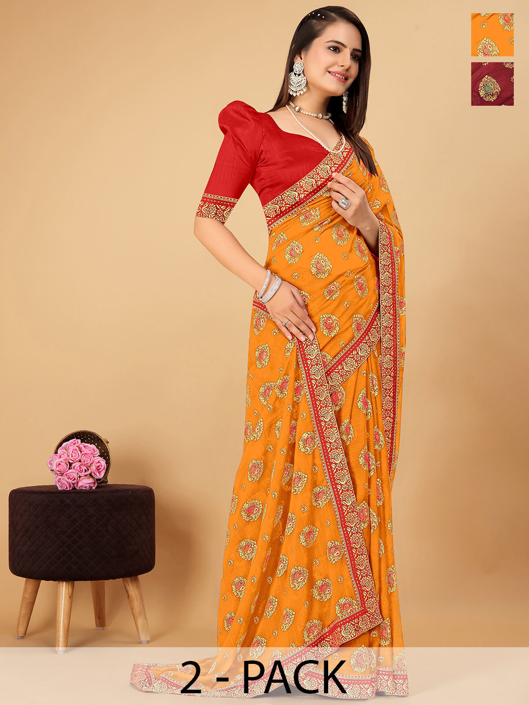 

CastilloFab Selection Of 2 Ethnic Motifs Zari Pure Chiffon Saree, Mustard