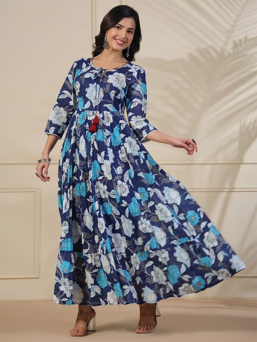 

PUKHYA Floral Printed Sequinned Fit & Flare Anarkali Dress, Blue