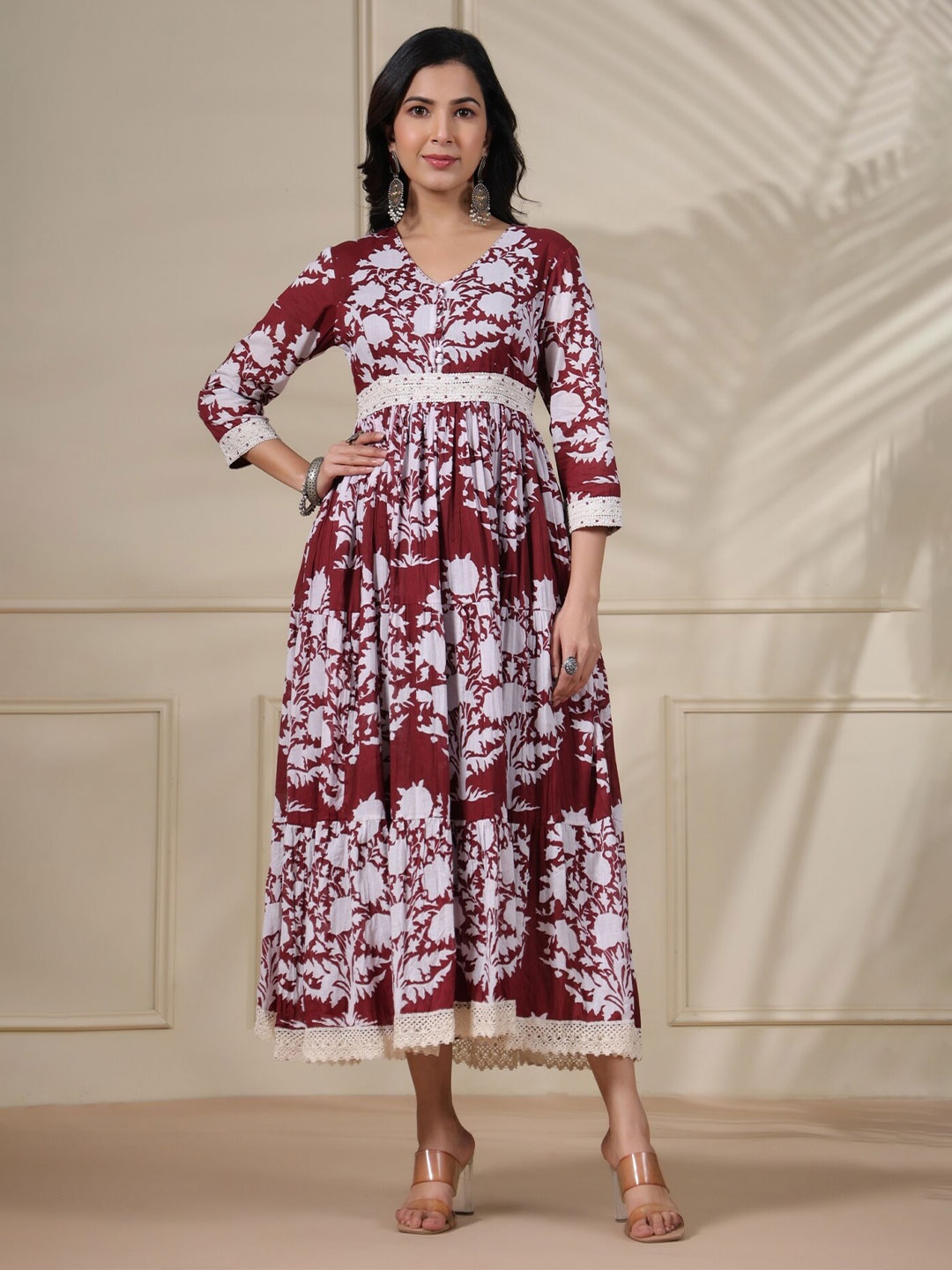 

PUKHYA V-Neck Floral Printed Cotton Fit And Flare Anarkali Dress, Maroon
