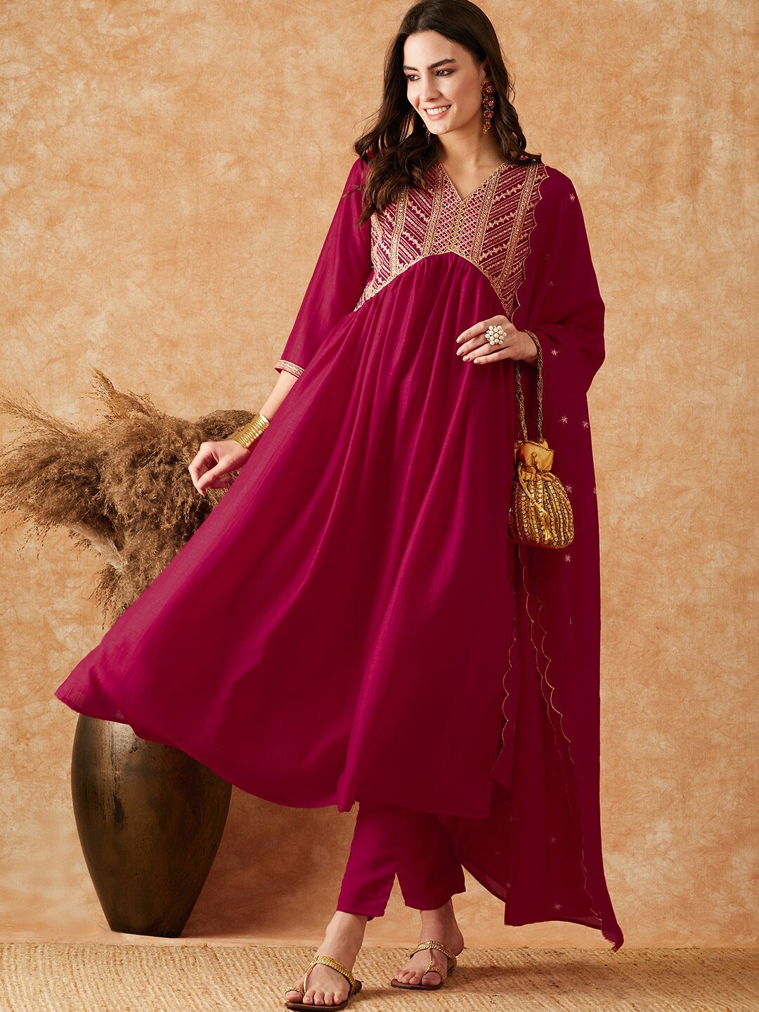 

Sangria Embroidered Kurta & Trousers With Dupatta, Pink