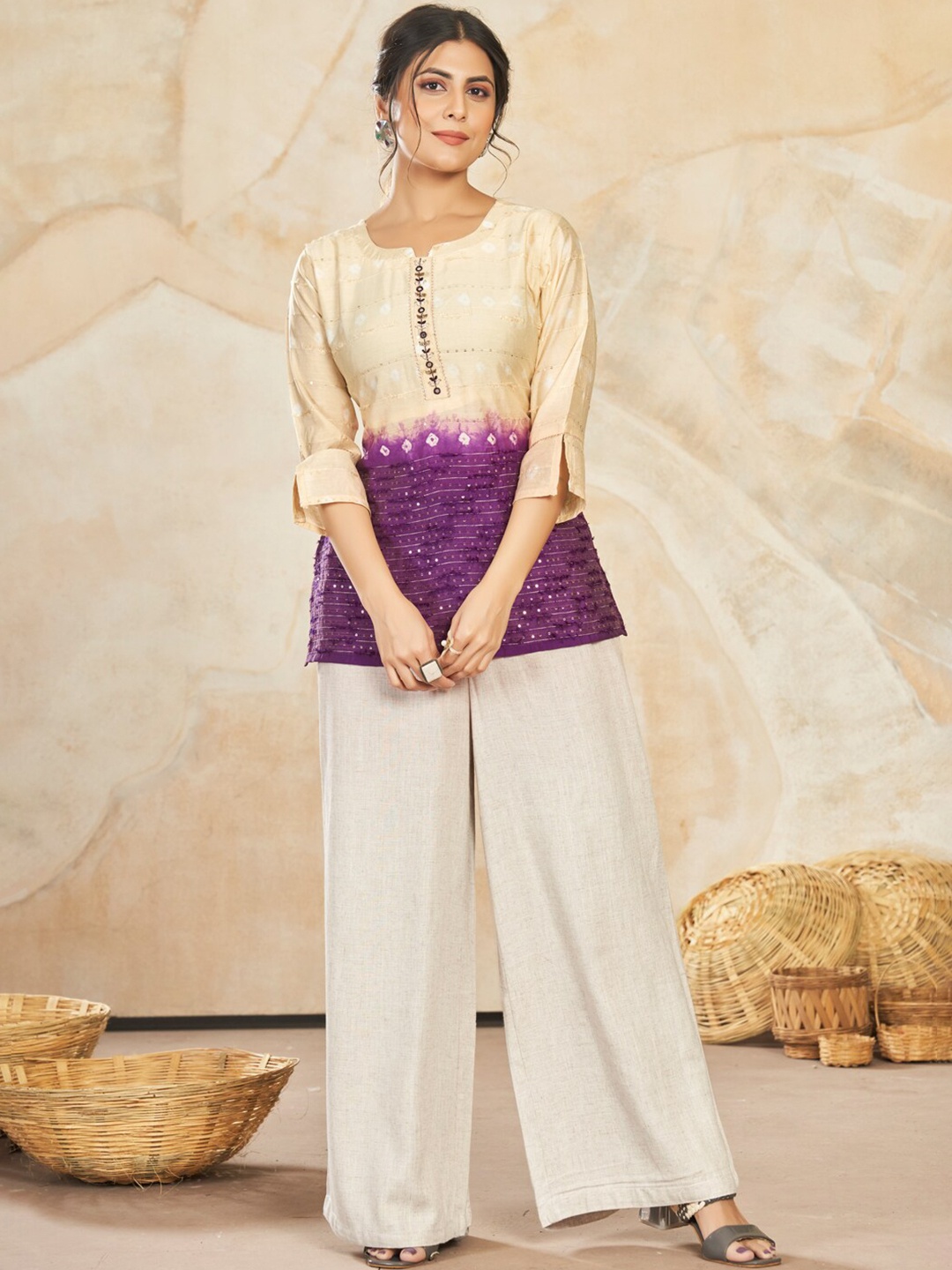 

STYLE SAMSARA Bandhani Printed Sequinned Pure Silk A-LIne Kurti, Purple