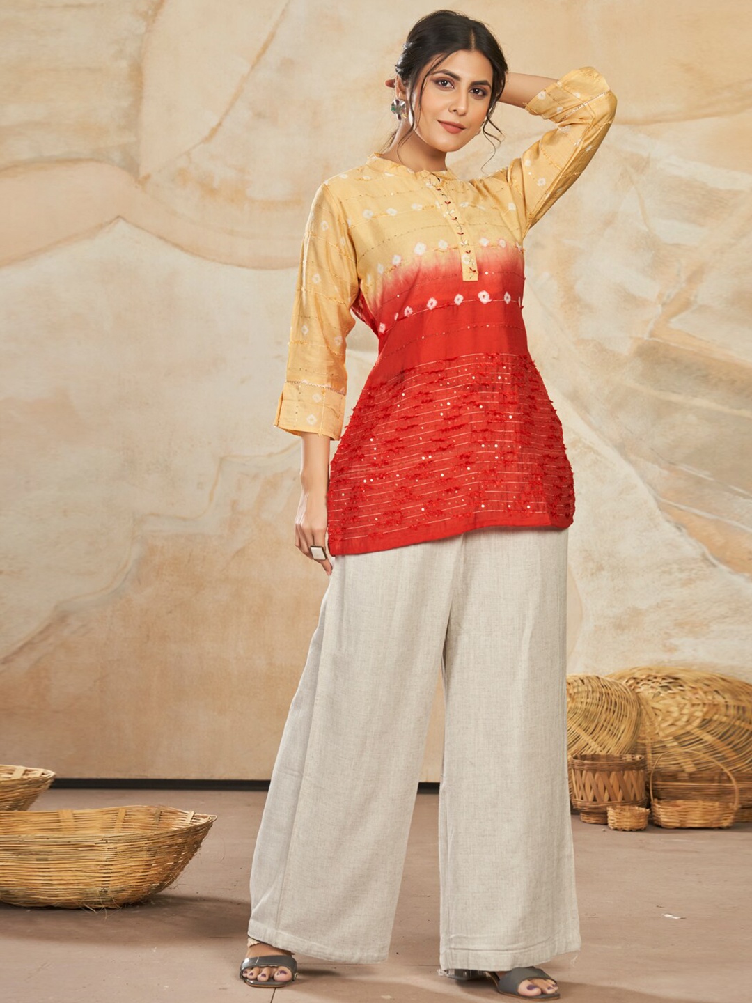 

STYLE SAMSARA Woven Design Mandarin Collar Thread Work & Sequinned Pure Silk Kurti, Red
